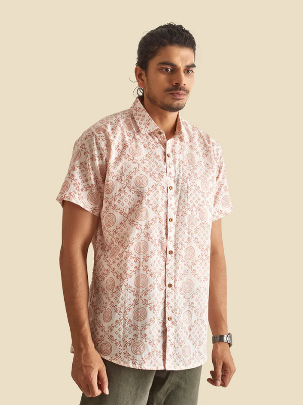 White Ethnic Block Printed Holiday Halfsleeves Cotton Shirt