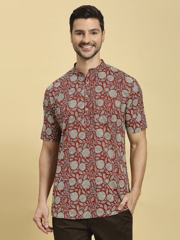 Maroon Floral Block Printed Cotton Short Kurta- sadra